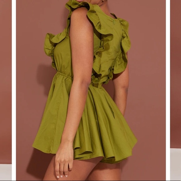Pretty Little Thing Olive Poplin Button Detail Flare Short Romper Size 8 - Picture 13 of 14
